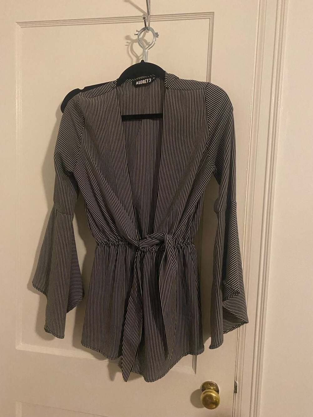 Audrey 3 Striped Long Bell Sleeve Tie-Front Romper
